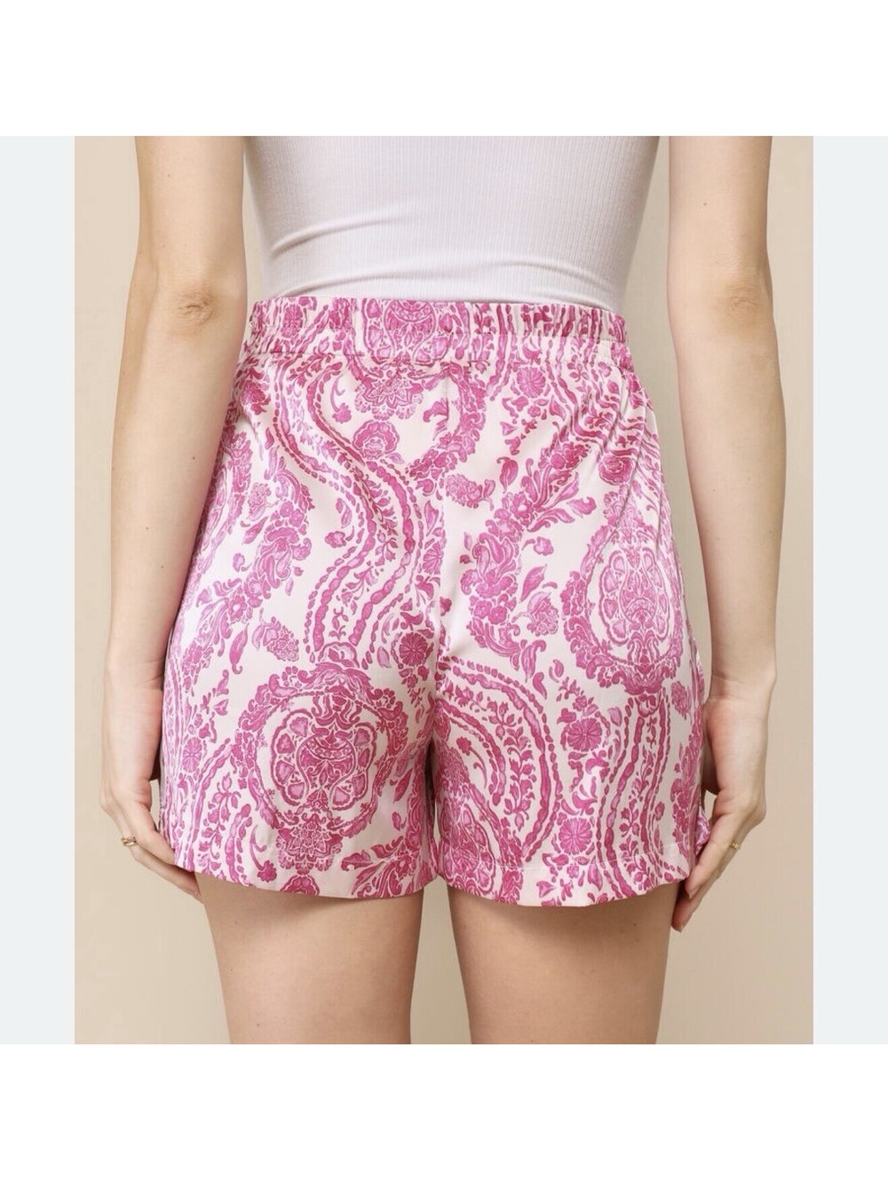 Lulus Satin Ivory Magenta Satin High-Waisted Boho Print Tie-Front Shorts X-Small